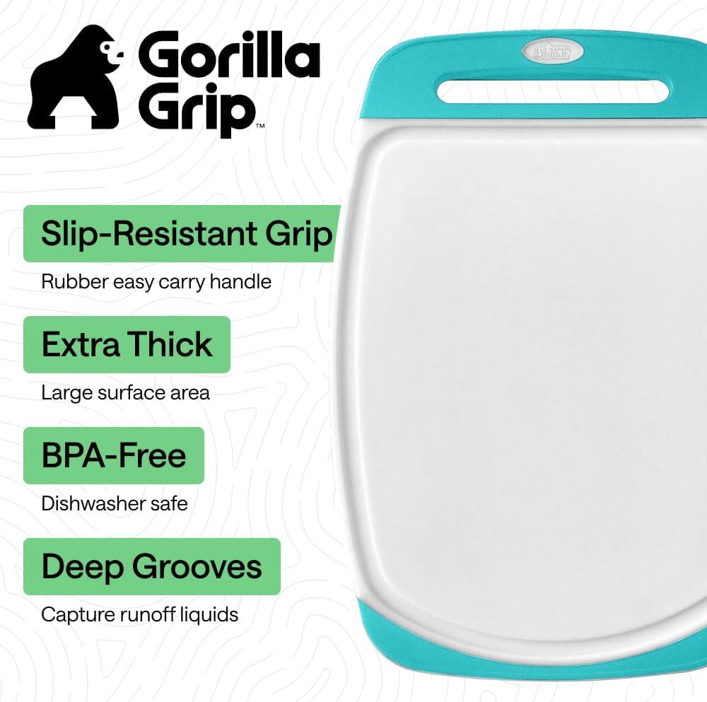 imageGORILLA GRIP BPAFree Reversible Kitchen Cutting Board Set of 3 US Designed Nonporous Juice Grooves Catch Liquid Slip Resistant Border Dishwasher Safe Durable Large Food Chopping Boards AquaTurquoiseWhite