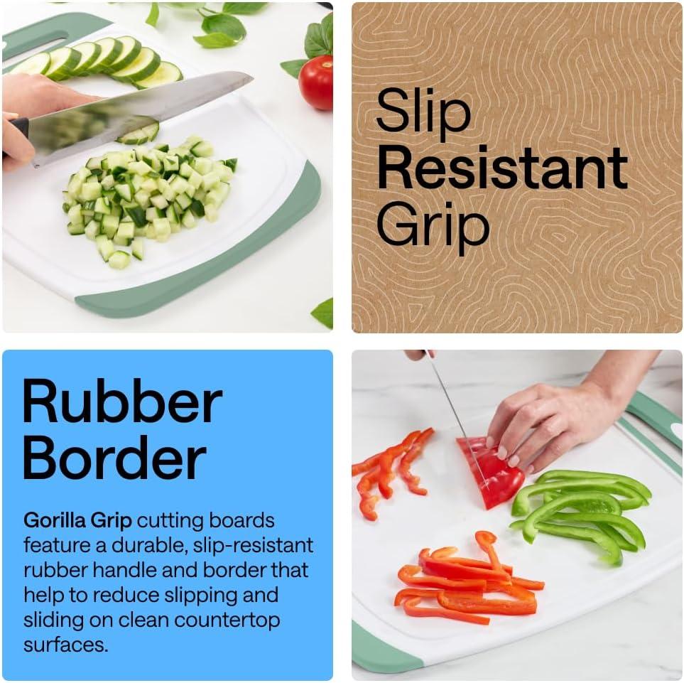imageGORILLA GRIP BPAFree Reversible Kitchen Cutting Board Set of 3 US Designed Nonporous Juice Grooves Catch Liquid Slip Resistant Border Dishwasher Safe Durable Large Food Chopping Boards BlackGrayMintLight Pink