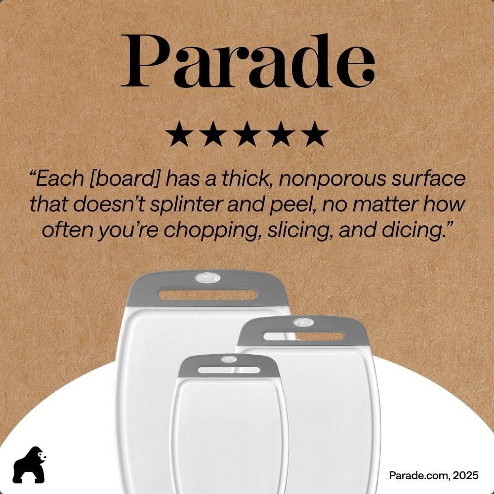 imageGORILLA GRIP BPAFree Reversible Kitchen Cutting Board Set of 3 US Designed Nonporous Juice Grooves Catch Liquid Slip Resistant Border Dishwasher Safe Durable Large Food Chopping Boards BlackGrayWhite