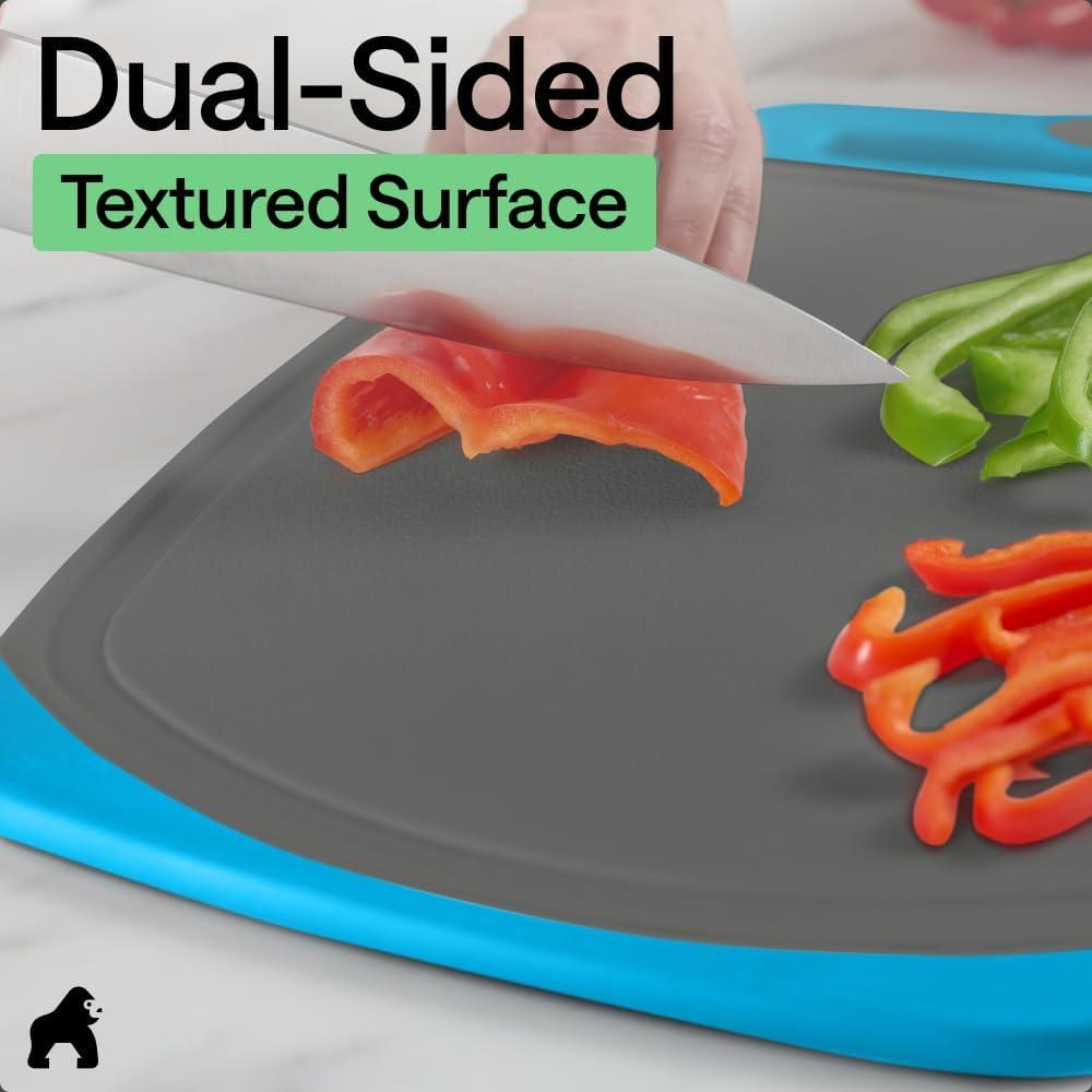 imageGORILLA GRIP BPAFree Reversible Kitchen Cutting Board Set of 3 US Designed Nonporous Juice Grooves Catch Liquid Slip Resistant Border Dishwasher Safe Durable Large Food Chopping Boards BlackGrayAqua