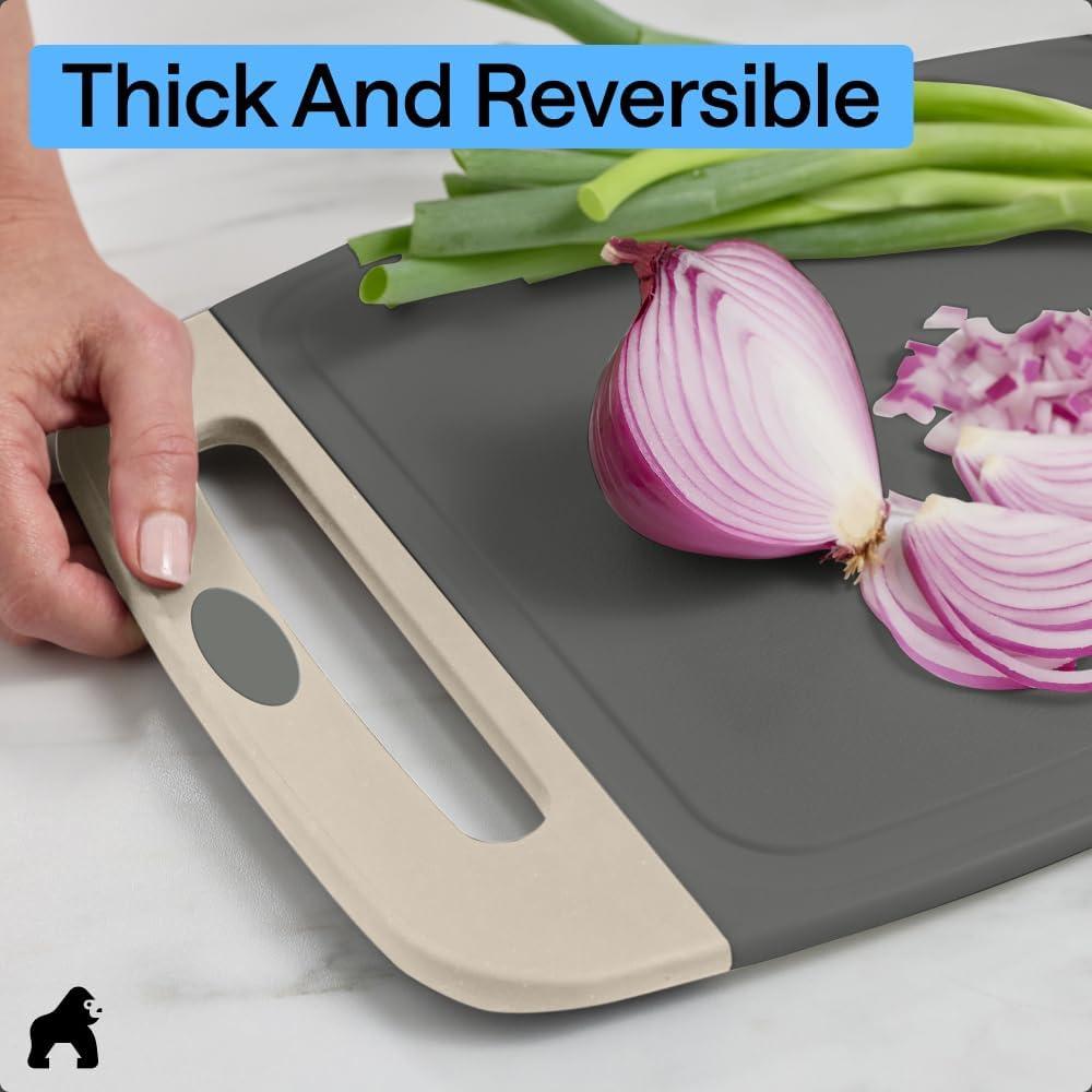 imageGORILLA GRIP BPAFree Reversible Kitchen Cutting Board Set of 3 US Designed Nonporous Juice Grooves Catch Liquid Slip Resistant Border Dishwasher Safe Durable Large Food Chopping Boards BlackGrayAlmond