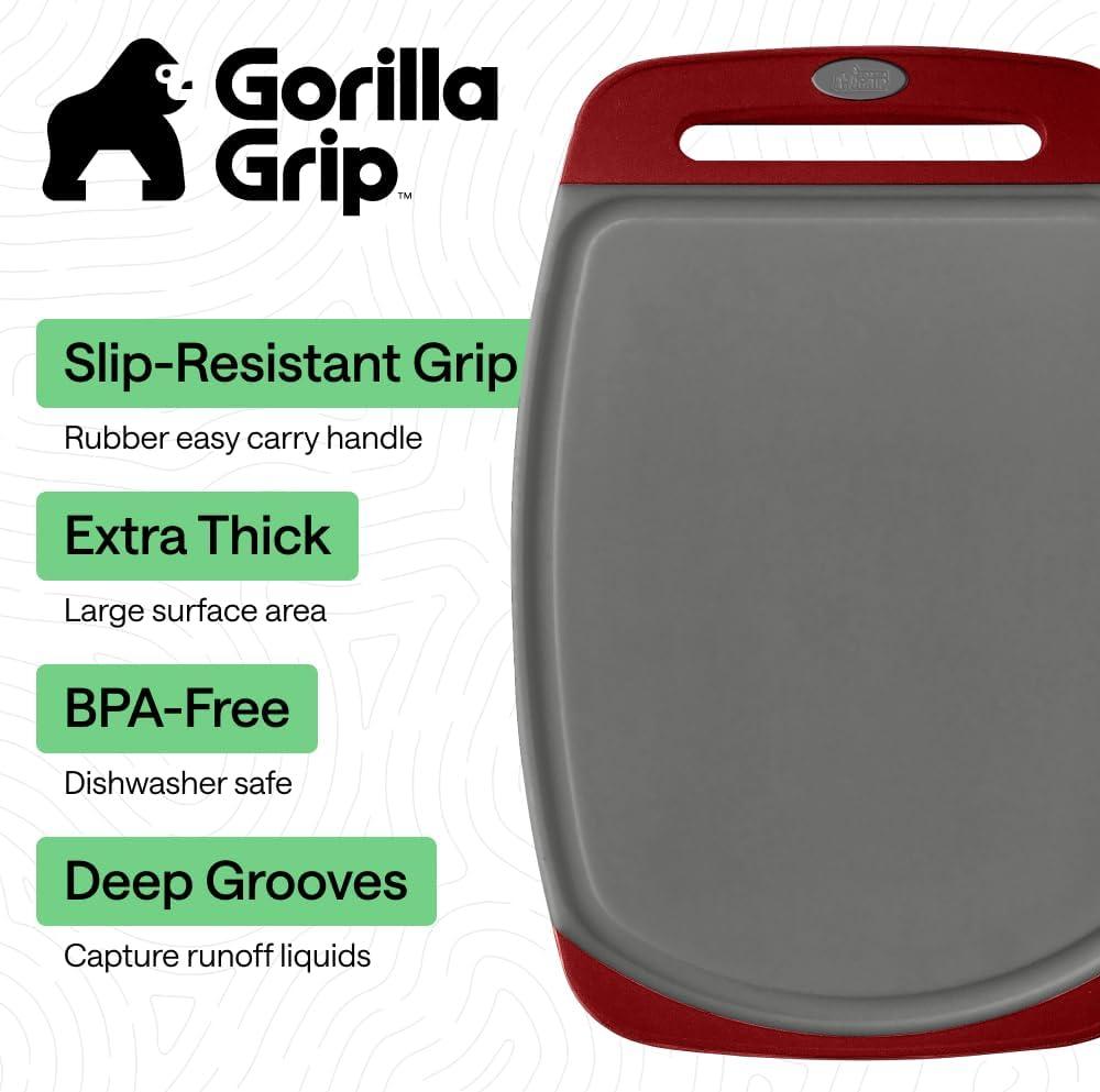 imageGORILLA GRIP BPAFree Reversible Kitchen Cutting Board Set of 3 US Designed Nonporous Juice Grooves Catch Liquid Slip Resistant Border Dishwasher Safe Durable Large Food Chopping Boards BlackGrayRed