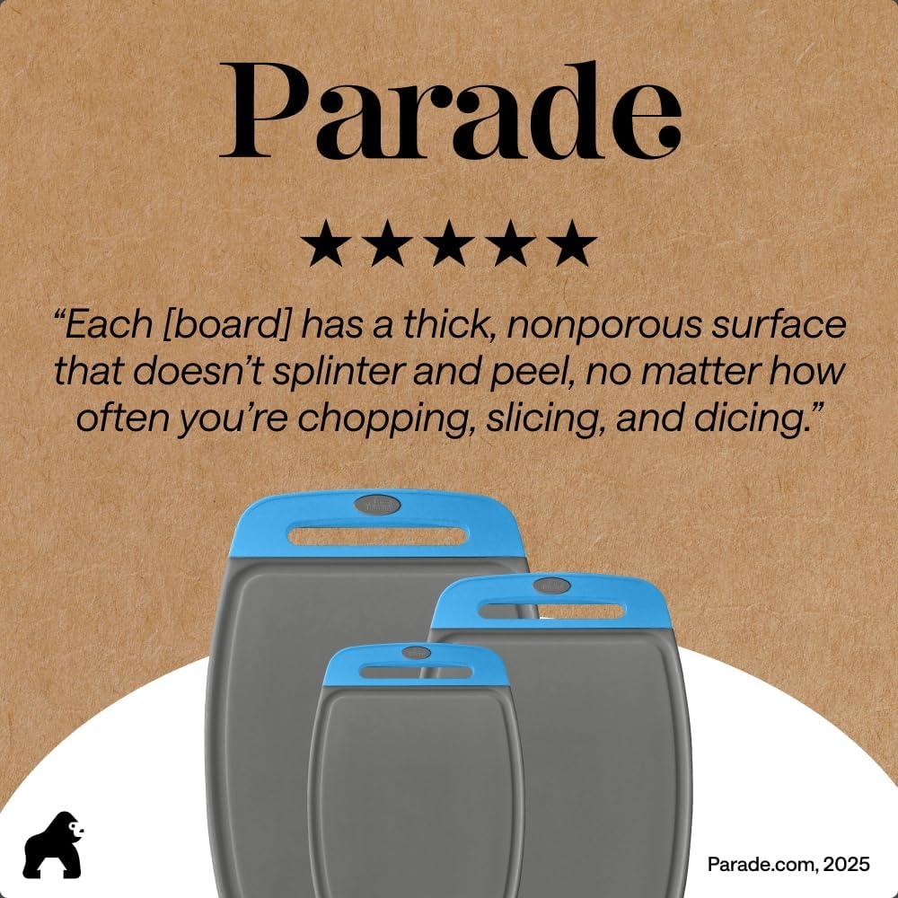 imageGORILLA GRIP BPAFree Reversible Kitchen Cutting Board Set of 3 US Designed Nonporous Juice Grooves Catch Liquid Slip Resistant Border Dishwasher Safe Durable Large Food Chopping Boards BlackGrayAqua