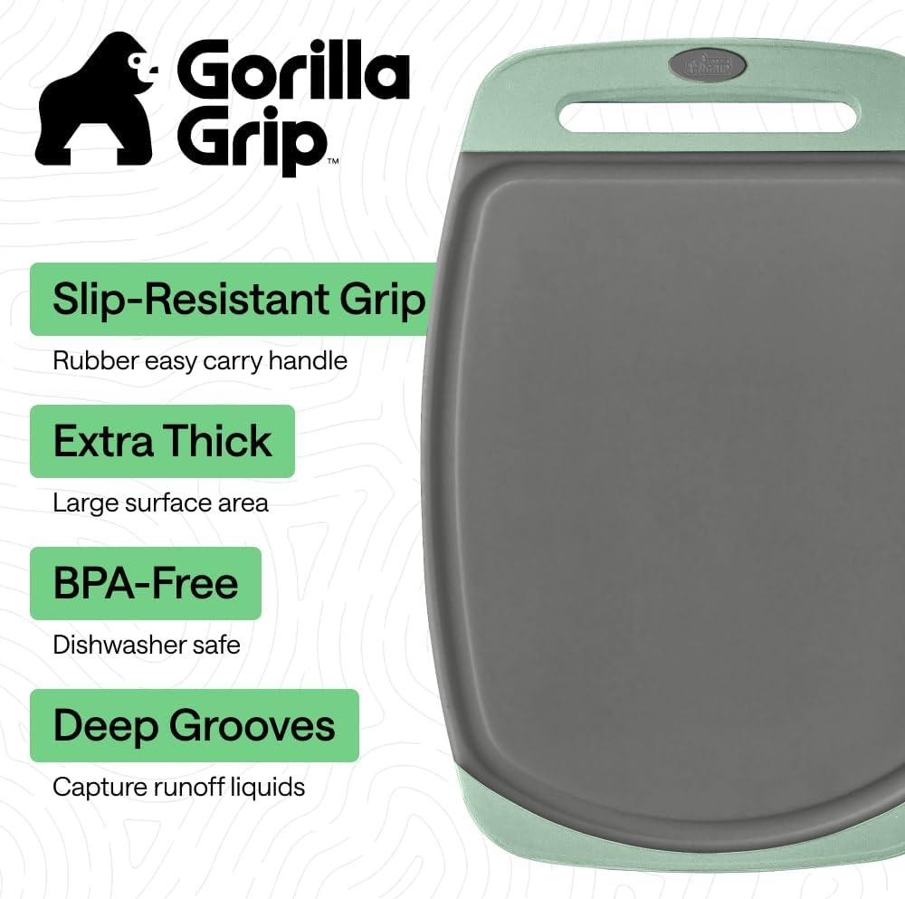 imageGORILLA GRIP BPAFree Reversible Kitchen Cutting Board Set of 3 US Designed Nonporous Juice Grooves Catch Liquid Slip Resistant Border Dishwasher Safe Durable Large Food Chopping Boards BlackGrayMint