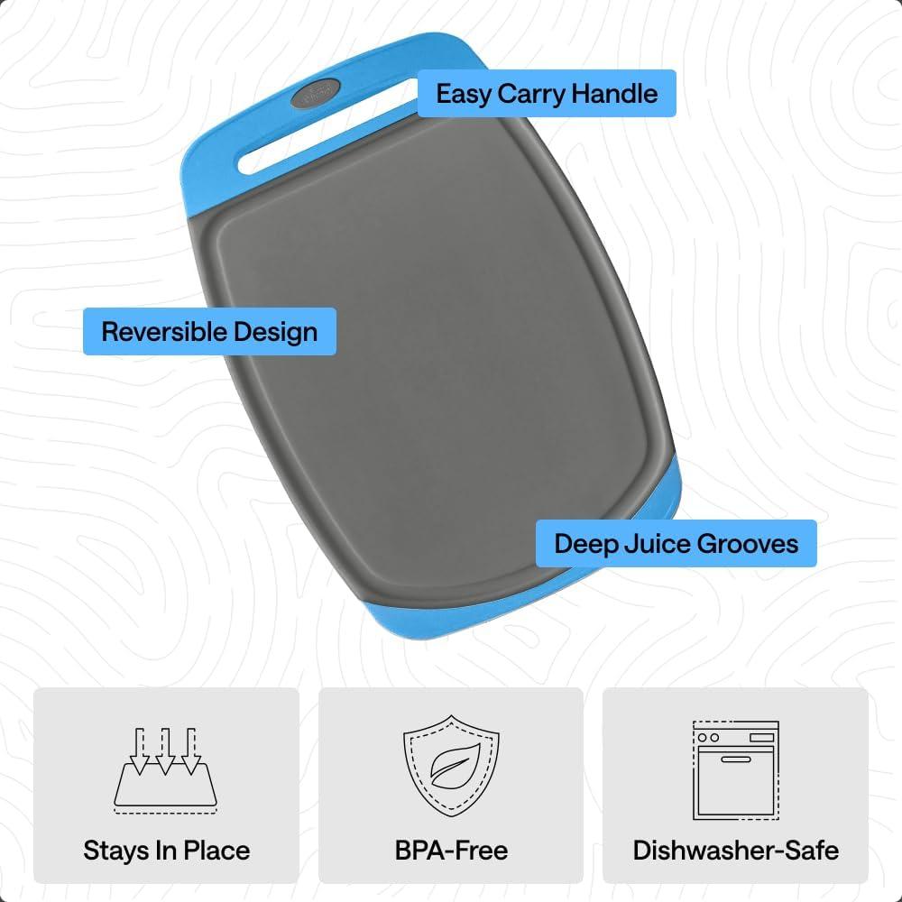 imageGORILLA GRIP BPAFree Reversible Kitchen Cutting Board Set of 3 US Designed Nonporous Juice Grooves Catch Liquid Slip Resistant Border Dishwasher Safe Durable Large Food Chopping Boards BlackGrayAqua