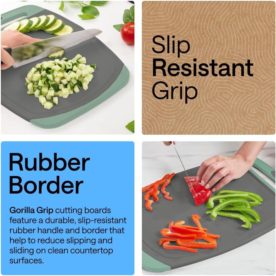 imageGORILLA GRIP BPAFree Reversible Kitchen Cutting Board Set of 3 US Designed Nonporous Juice Grooves Catch Liquid Slip Resistant Border Dishwasher Safe Durable Large Food Chopping Boards BlackGrayMint