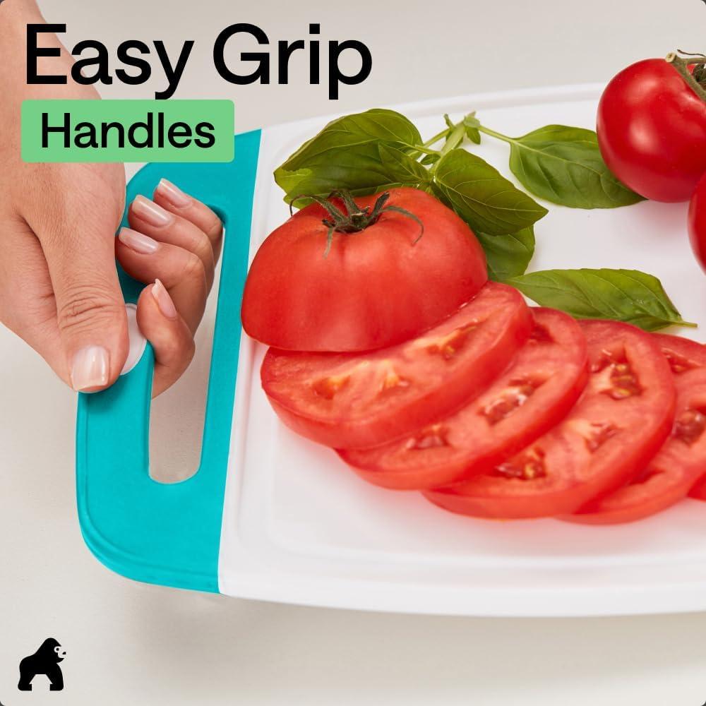 imageGORILLA GRIP BPAFree Reversible Kitchen Cutting Board Set of 3 US Designed Nonporous Juice Grooves Catch Liquid Slip Resistant Border Dishwasher Safe Durable Large Food Chopping Boards AquaTurquoiseWhite