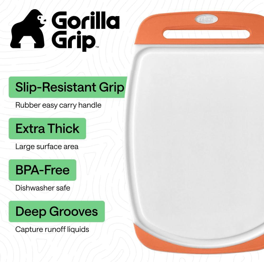 imageGORILLA GRIP BPAFree Reversible Kitchen Cutting Board Set of 3 US Designed Nonporous Juice Grooves Catch Liquid Slip Resistant Border Dishwasher Safe Durable Large Food Chopping Boards BlackLimeOrangeLemon
