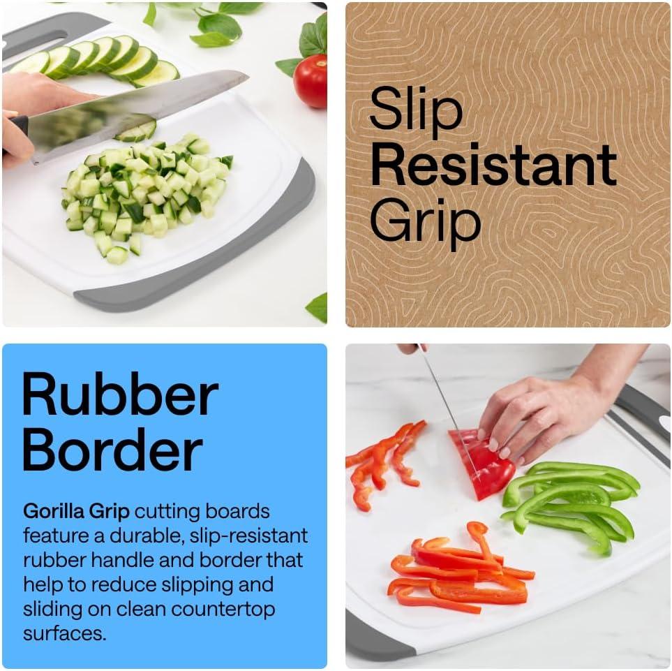 imageGORILLA GRIP BPAFree Reversible Kitchen Cutting Board Set of 3 US Designed Nonporous Juice Grooves Catch Liquid Slip Resistant Border Dishwasher Safe Durable Large Food Chopping Boards BlackGrayWhite