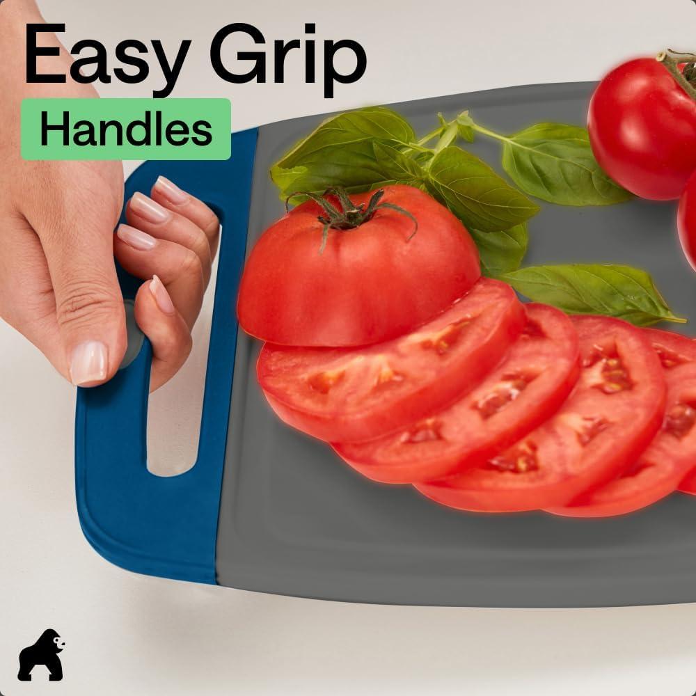 imageGORILLA GRIP BPAFree Reversible Kitchen Cutting Board Set of 3 US Designed Nonporous Juice Grooves Catch Liquid Slip Resistant Border Dishwasher Safe Durable Large Food Chopping Boards BlackGrayBlue