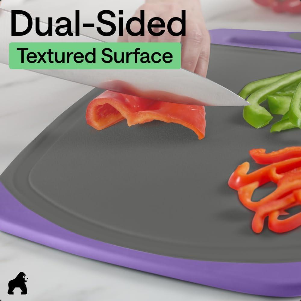 imageGORILLA GRIP BPAFree Reversible Kitchen Cutting Board Set of 3 US Designed Nonporous Juice Grooves Catch Liquid Slip Resistant Border Dishwasher Safe Durable Large Food Chopping Boards BlackGrayPurple