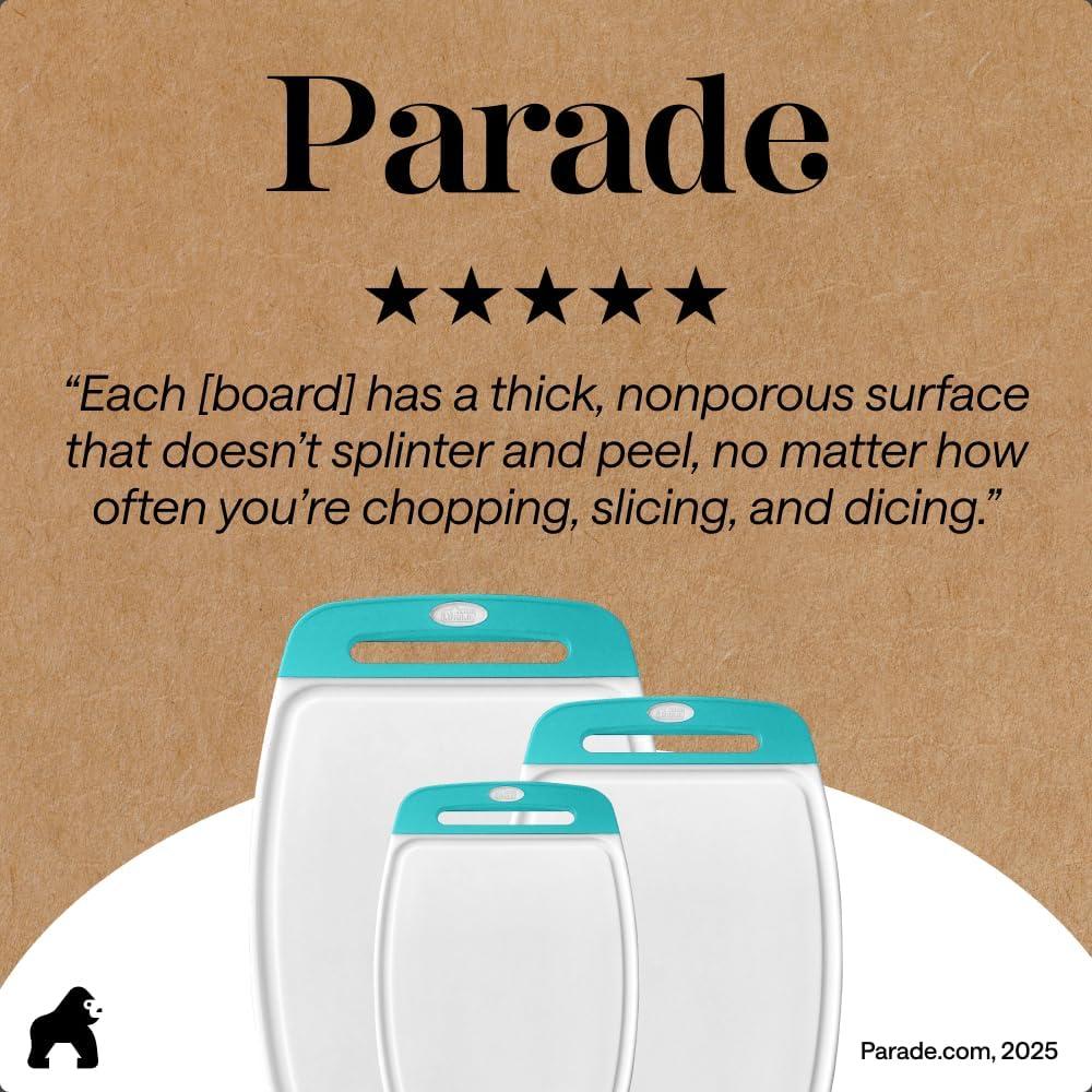 imageGORILLA GRIP BPAFree Reversible Kitchen Cutting Board Set of 3 US Designed Nonporous Juice Grooves Catch Liquid Slip Resistant Border Dishwasher Safe Durable Large Food Chopping Boards AquaTurquoiseWhite