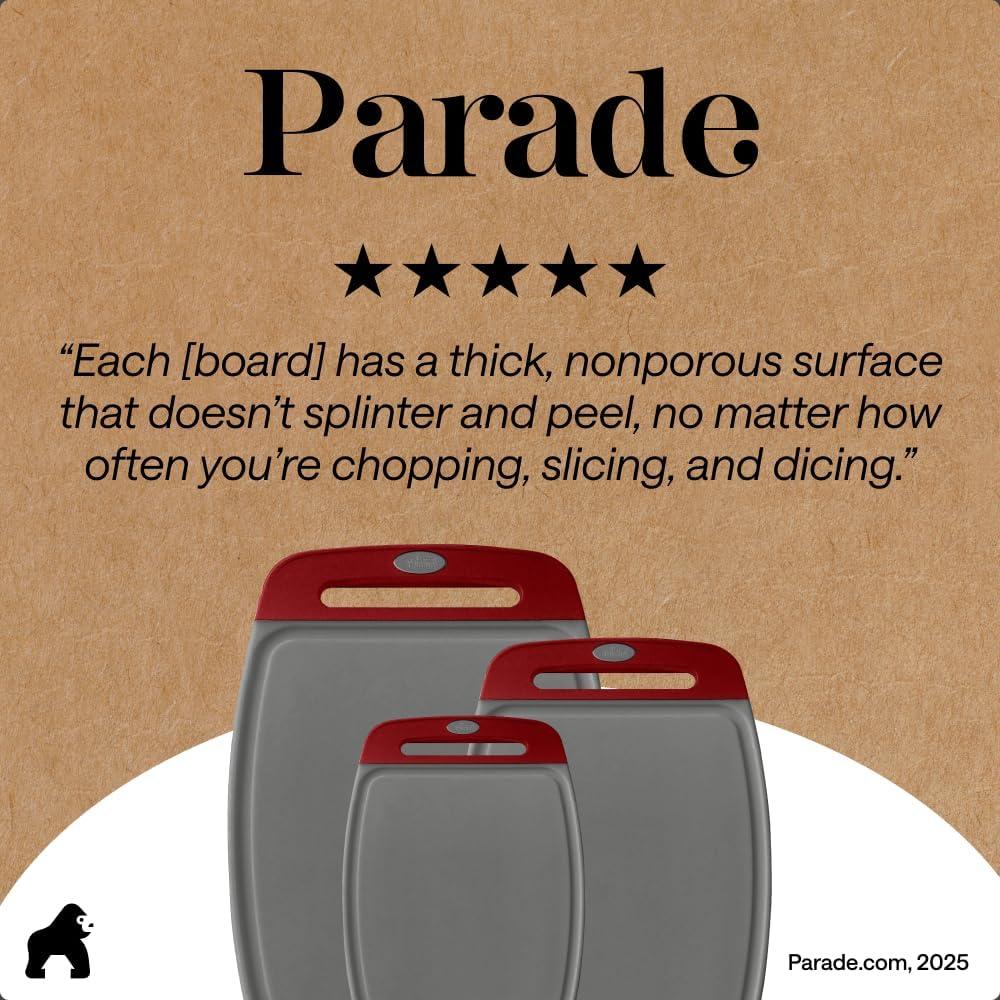 imageGORILLA GRIP BPAFree Reversible Kitchen Cutting Board Set of 3 US Designed Nonporous Juice Grooves Catch Liquid Slip Resistant Border Dishwasher Safe Durable Large Food Chopping Boards BlackGrayRed