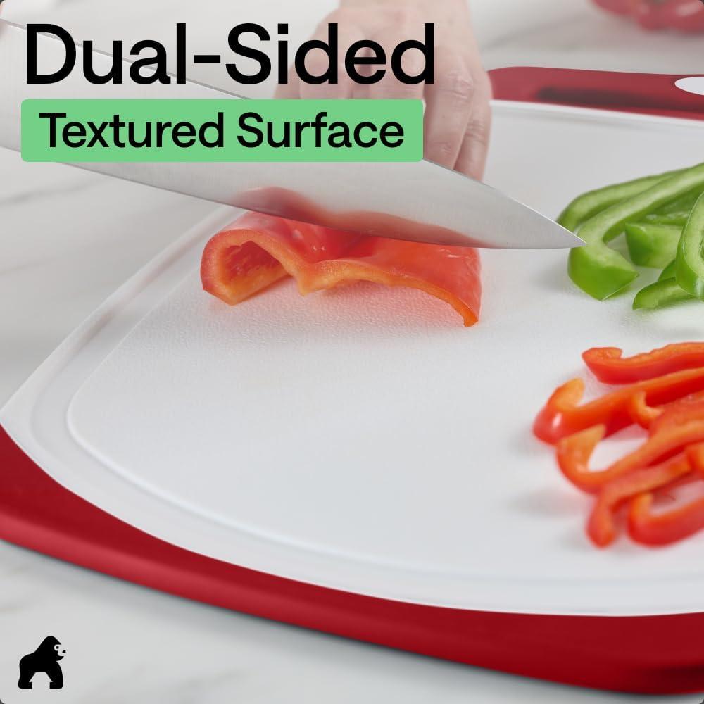 imageGORILLA GRIP BPAFree Reversible Kitchen Cutting Board Set of 3 US Designed Nonporous Juice Grooves Catch Liquid Slip Resistant Border Dishwasher Safe Durable Large Food Chopping Boards BlackRedWhite