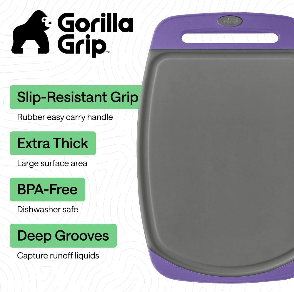 imageGORILLA GRIP BPAFree Reversible Kitchen Cutting Board Set of 3 US Designed Nonporous Juice Grooves Catch Liquid Slip Resistant Border Dishwasher Safe Durable Large Food Chopping Boards BlackGrayPurple