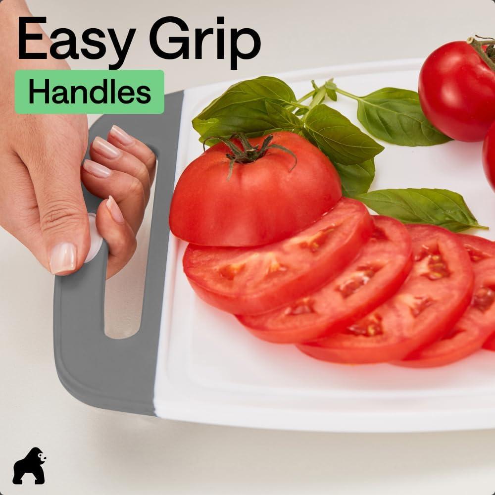 imageGORILLA GRIP BPAFree Reversible Kitchen Cutting Board Set of 3 US Designed Nonporous Juice Grooves Catch Liquid Slip Resistant Border Dishwasher Safe Durable Large Food Chopping Boards BlackGrayWhite