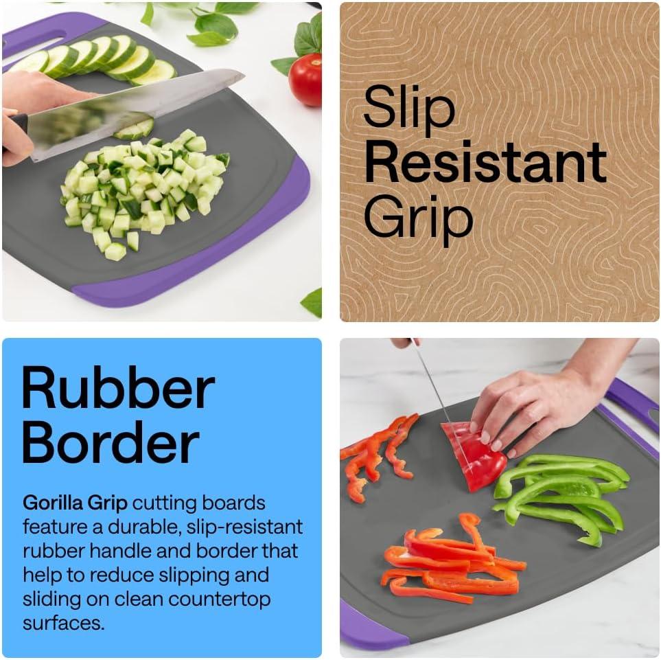 imageGORILLA GRIP BPAFree Reversible Kitchen Cutting Board Set of 3 US Designed Nonporous Juice Grooves Catch Liquid Slip Resistant Border Dishwasher Safe Durable Large Food Chopping Boards BlackGrayPurple