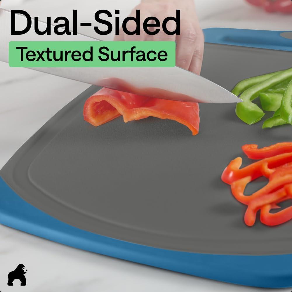 imageGORILLA GRIP BPAFree Reversible Kitchen Cutting Board Set of 3 US Designed Nonporous Juice Grooves Catch Liquid Slip Resistant Border Dishwasher Safe Durable Large Food Chopping Boards BlackGrayBlue