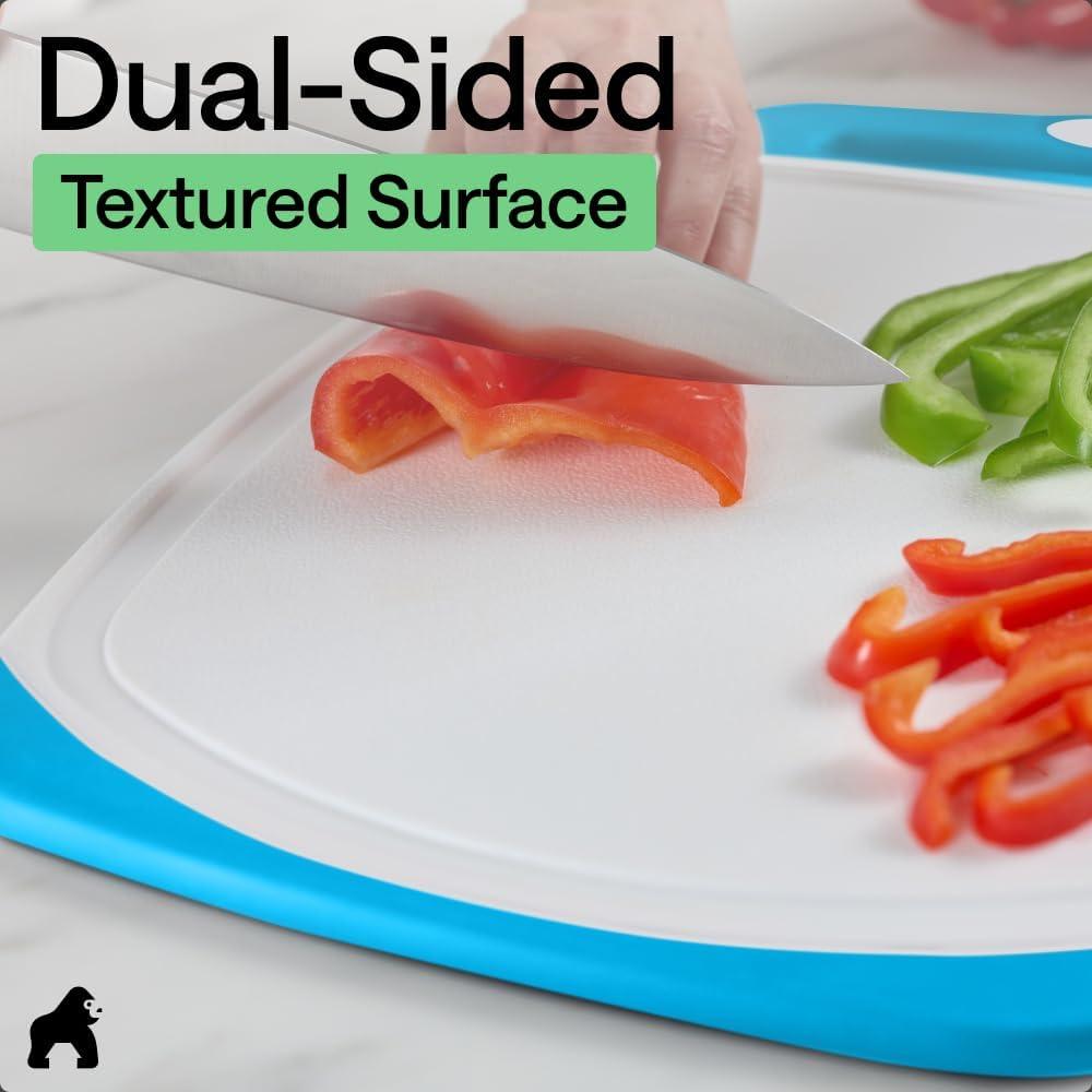 imageGORILLA GRIP BPAFree Reversible Kitchen Cutting Board Set of 3 US Designed Nonporous Juice Grooves Catch Liquid Slip Resistant Border Dishwasher Safe Durable Large Food Chopping Boards BlackGrayBlackAqua