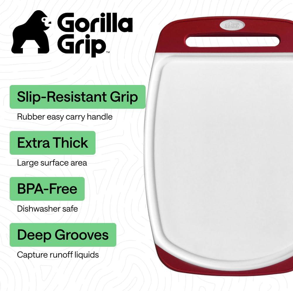 imageGORILLA GRIP BPAFree Reversible Kitchen Cutting Board Set of 3 US Designed Nonporous Juice Grooves Catch Liquid Slip Resistant Border Dishwasher Safe Durable Large Food Chopping Boards BlackRedWhite