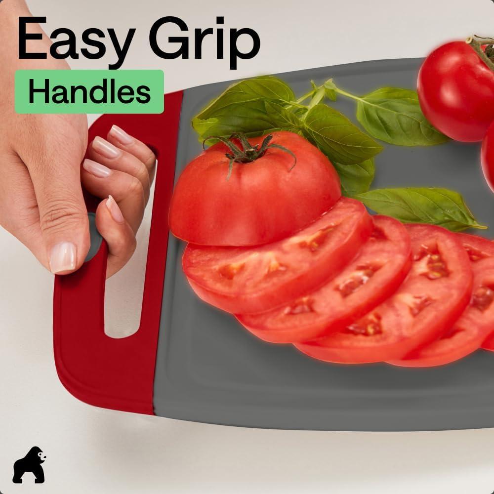 imageGORILLA GRIP BPAFree Reversible Kitchen Cutting Board Set of 3 US Designed Nonporous Juice Grooves Catch Liquid Slip Resistant Border Dishwasher Safe Durable Large Food Chopping Boards BlackGrayRed