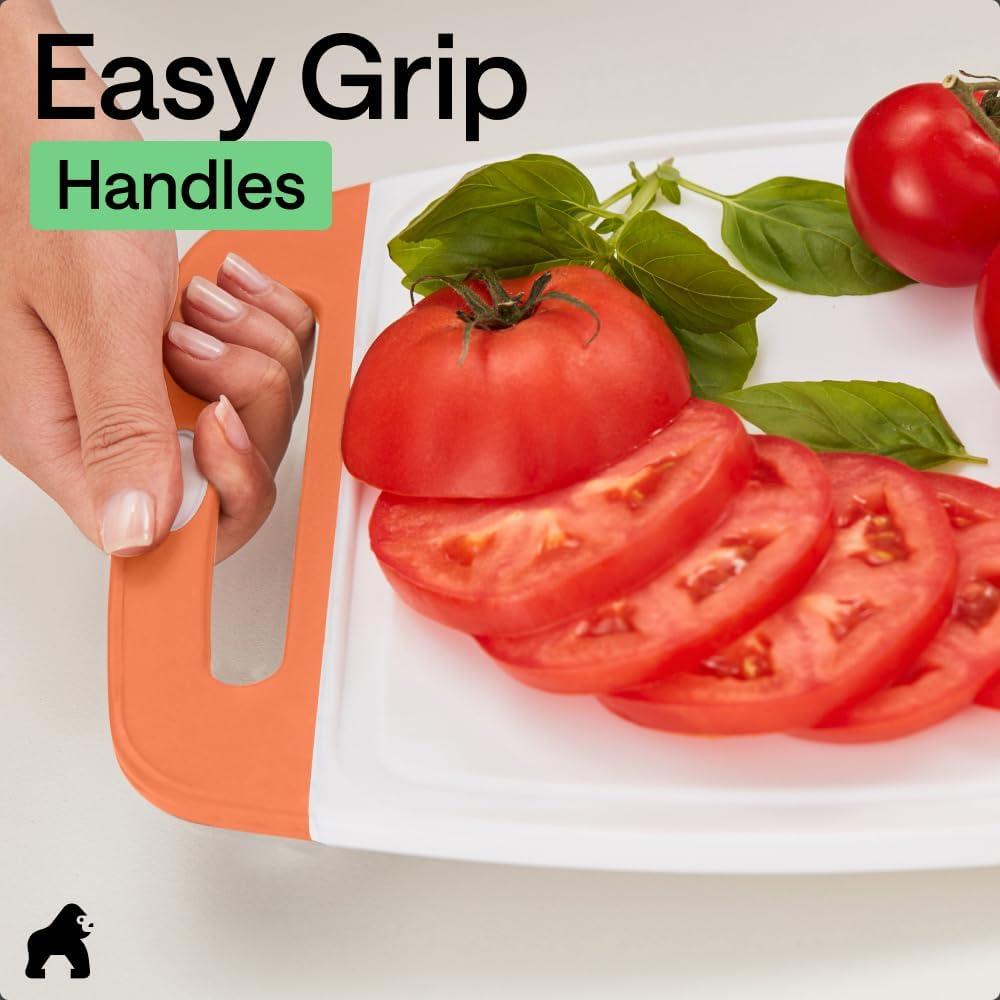 imageGORILLA GRIP BPAFree Reversible Kitchen Cutting Board Set of 3 US Designed Nonporous Juice Grooves Catch Liquid Slip Resistant Border Dishwasher Safe Durable Large Food Chopping Boards BlackLimeOrangeLemon
