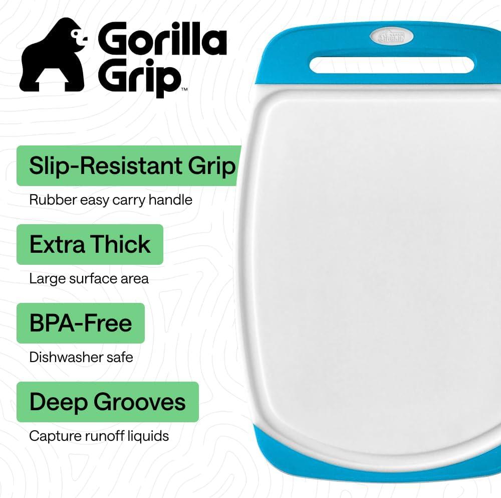 imageGORILLA GRIP BPAFree Reversible Kitchen Cutting Board Set of 3 US Designed Nonporous Juice Grooves Catch Liquid Slip Resistant Border Dishwasher Safe Durable Large Food Chopping Boards BlackGrayBlackAqua