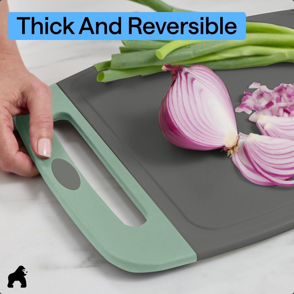 imageGORILLA GRIP BPAFree Reversible Kitchen Cutting Board Set of 3 US Designed Nonporous Juice Grooves Catch Liquid Slip Resistant Border Dishwasher Safe Durable Large Food Chopping Boards BlackGrayMint