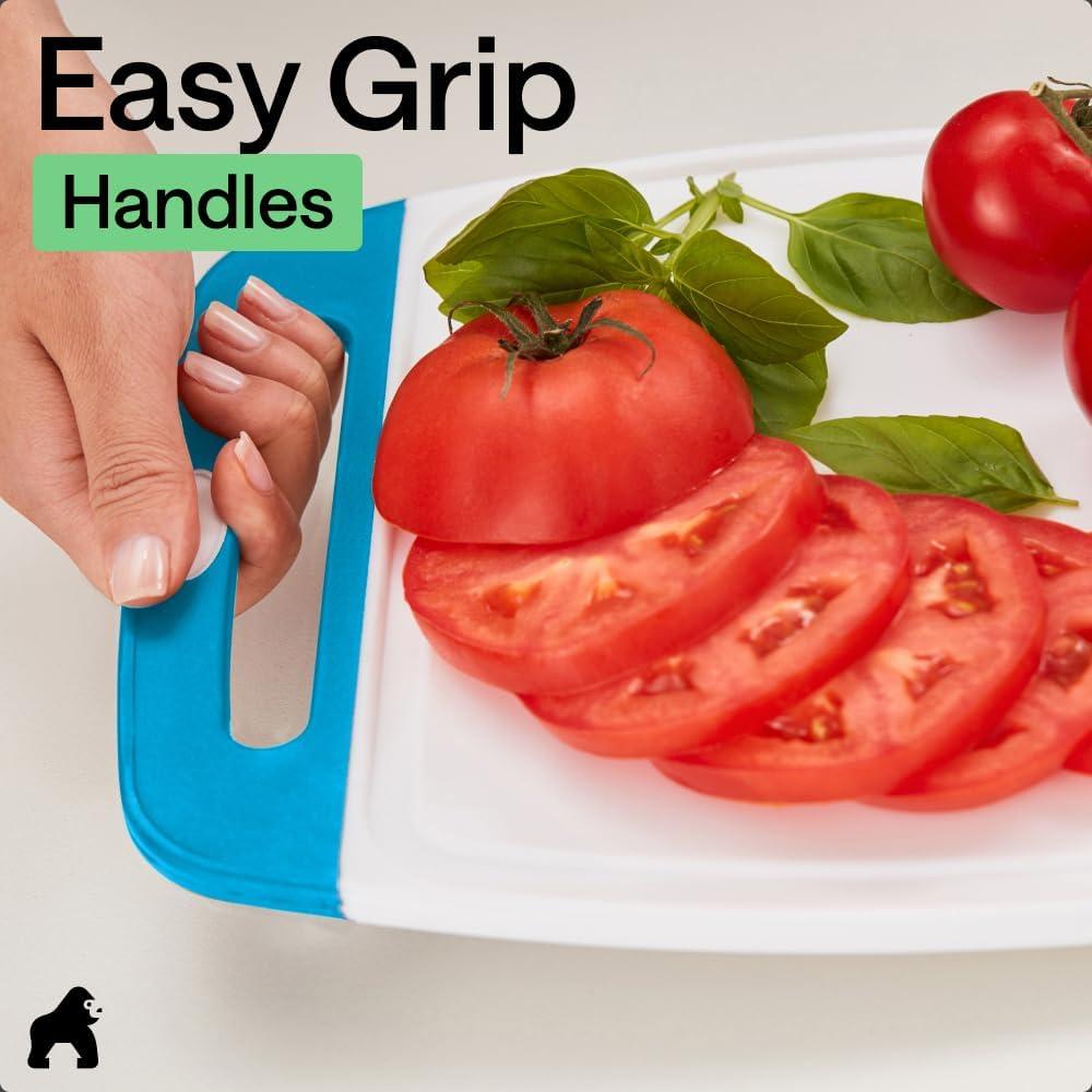 imageGORILLA GRIP BPAFree Reversible Kitchen Cutting Board Set of 3 US Designed Nonporous Juice Grooves Catch Liquid Slip Resistant Border Dishwasher Safe Durable Large Food Chopping Boards BlackGrayBlackAqua