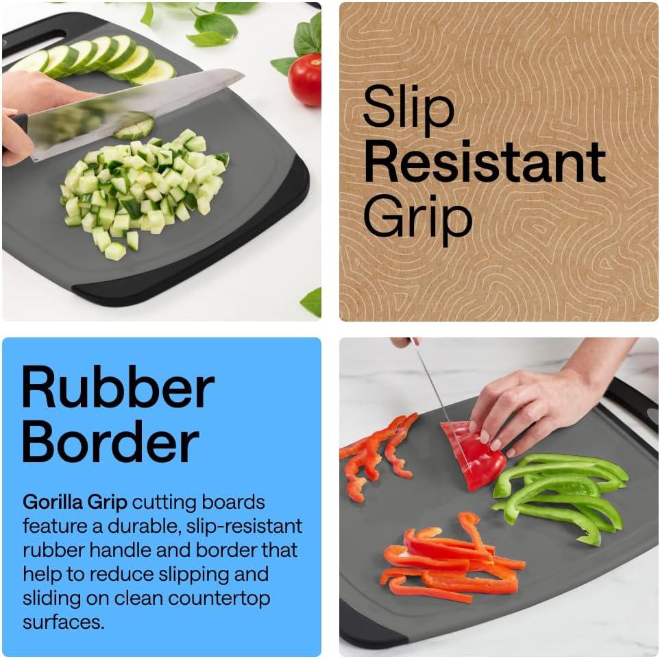 imageGORILLA GRIP BPAFree Reversible Kitchen Cutting Board Set of 3 US Designed Nonporous Juice Grooves Catch Liquid Slip Resistant Border Dishwasher Safe Durable Large Food Chopping Boards BlackGrayBlack