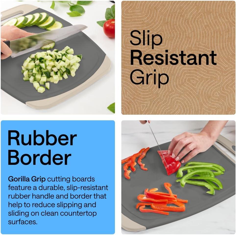 imageGORILLA GRIP BPAFree Reversible Kitchen Cutting Board Set of 3 US Designed Nonporous Juice Grooves Catch Liquid Slip Resistant Border Dishwasher Safe Durable Large Food Chopping Boards BlackGrayAlmond