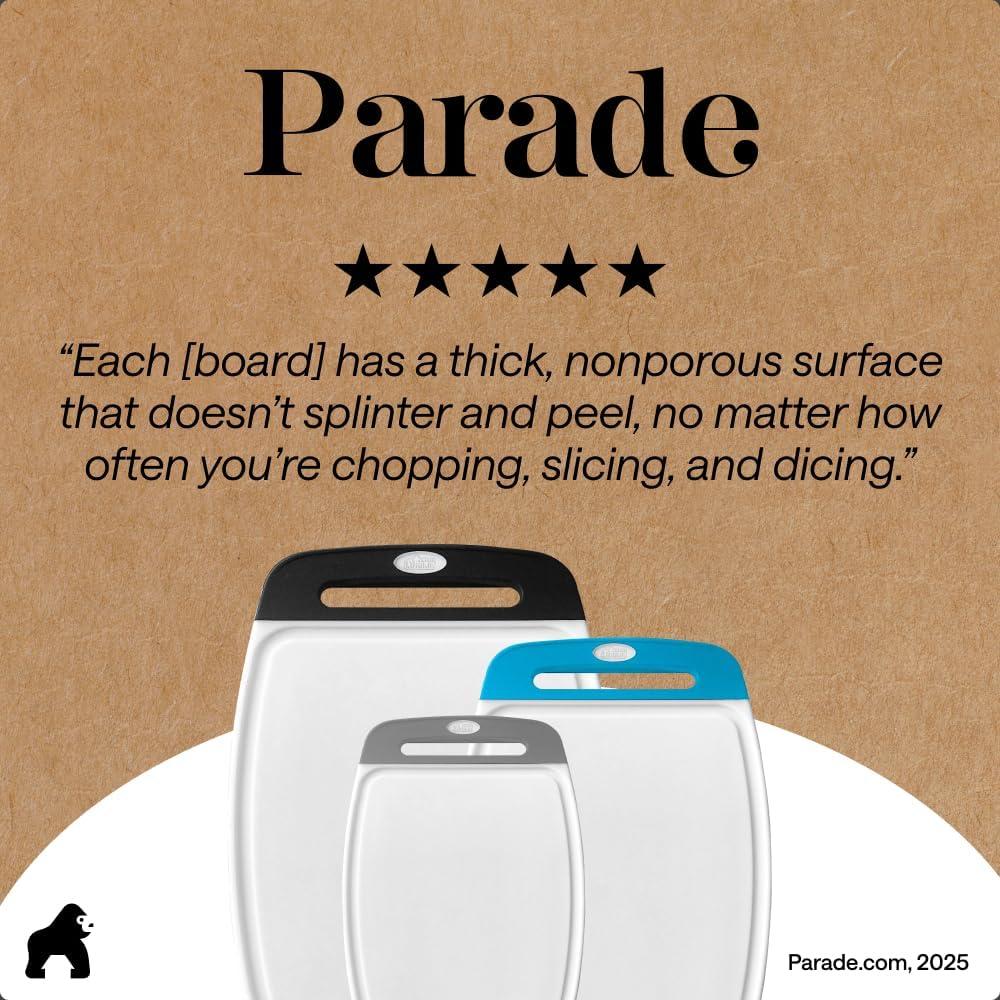 imageGORILLA GRIP BPAFree Reversible Kitchen Cutting Board Set of 3 US Designed Nonporous Juice Grooves Catch Liquid Slip Resistant Border Dishwasher Safe Durable Large Food Chopping Boards BlackGrayBlackAqua