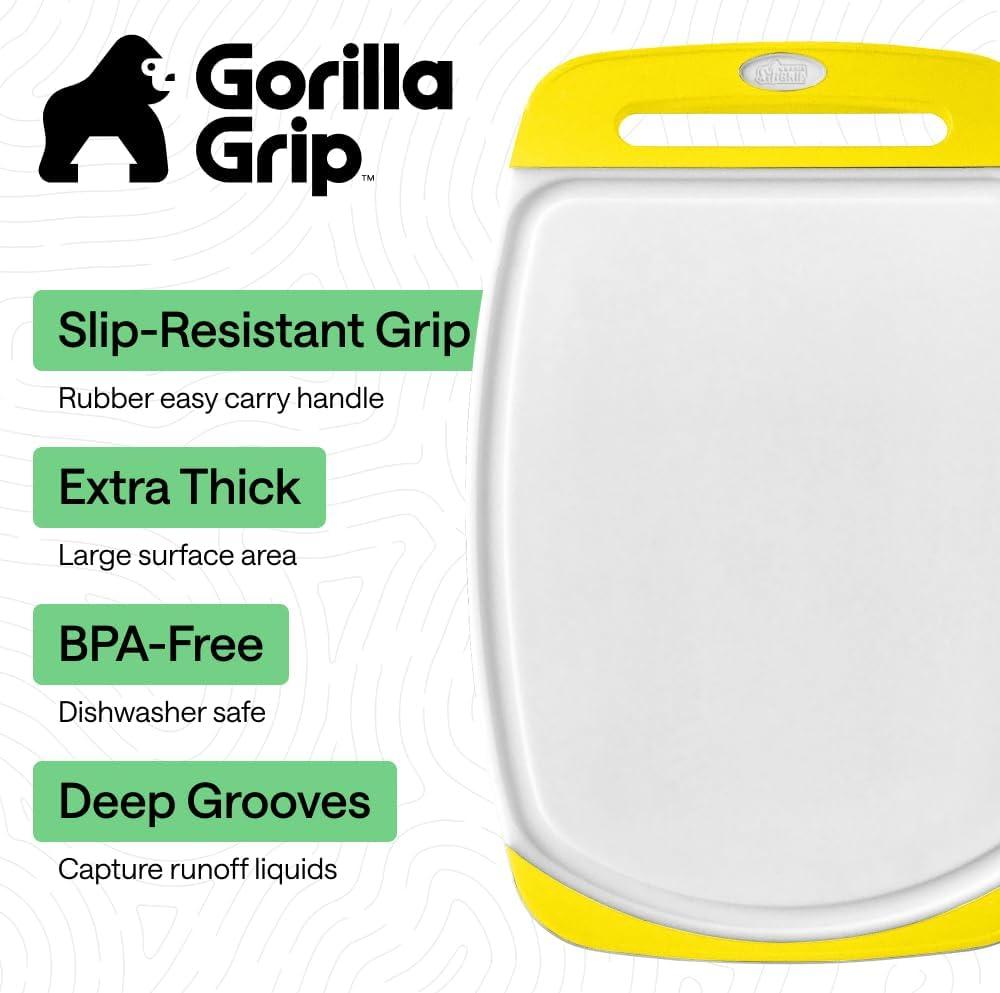 imageGORILLA GRIP BPAFree Reversible Kitchen Cutting Board Set of 3 US Designed Nonporous Juice Grooves Catch Liquid Slip Resistant Border Dishwasher Safe Durable Large Food Chopping Boards BlackLemonWhite