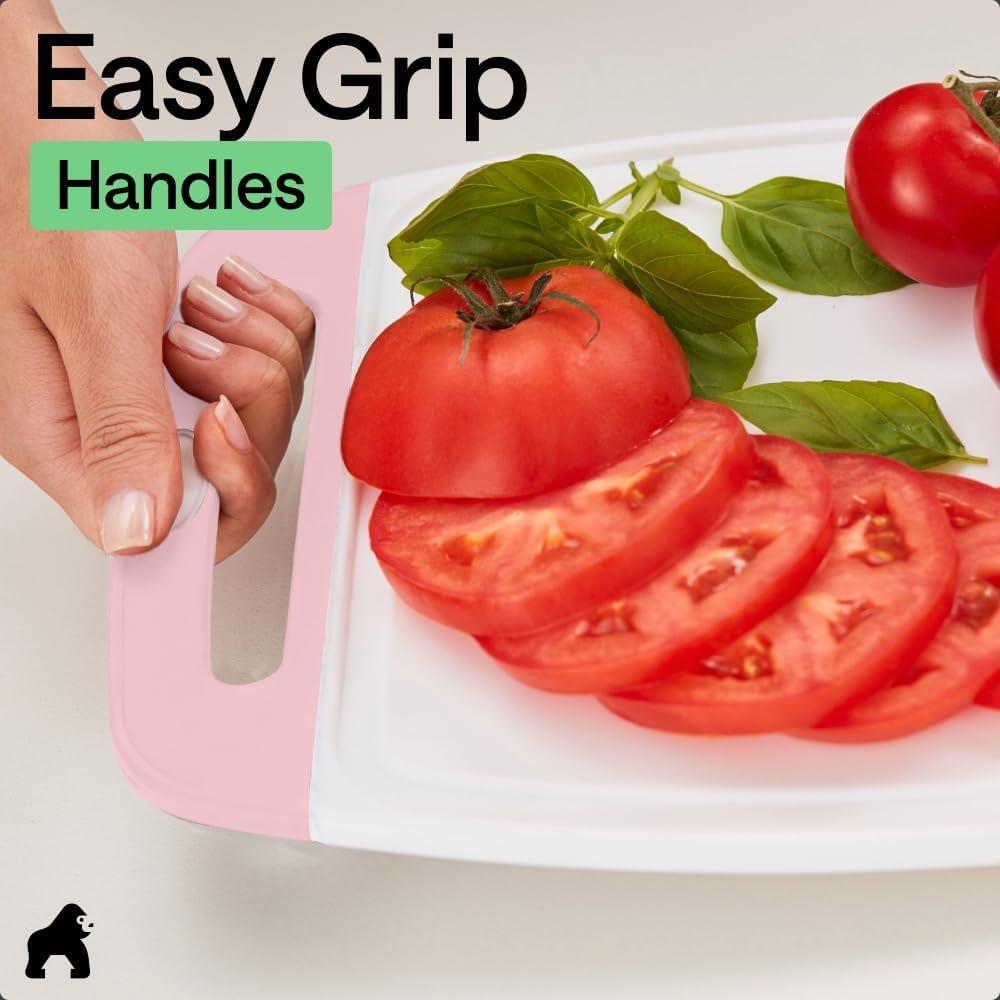 imageGORILLA GRIP BPAFree Reversible Kitchen Cutting Board Set of 3 US Designed Nonporous Juice Grooves Catch Liquid Slip Resistant Border Dishwasher Safe Durable Large Food Chopping Boards BlackPinkWhite