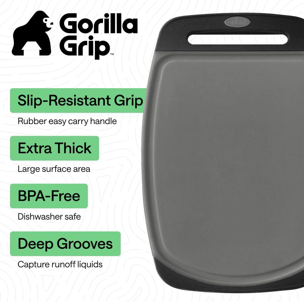 imageGORILLA GRIP BPAFree Reversible Kitchen Cutting Board Set of 3 US Designed Nonporous Juice Grooves Catch Liquid Slip Resistant Border Dishwasher Safe Durable Large Food Chopping Boards BlackGrayBlack