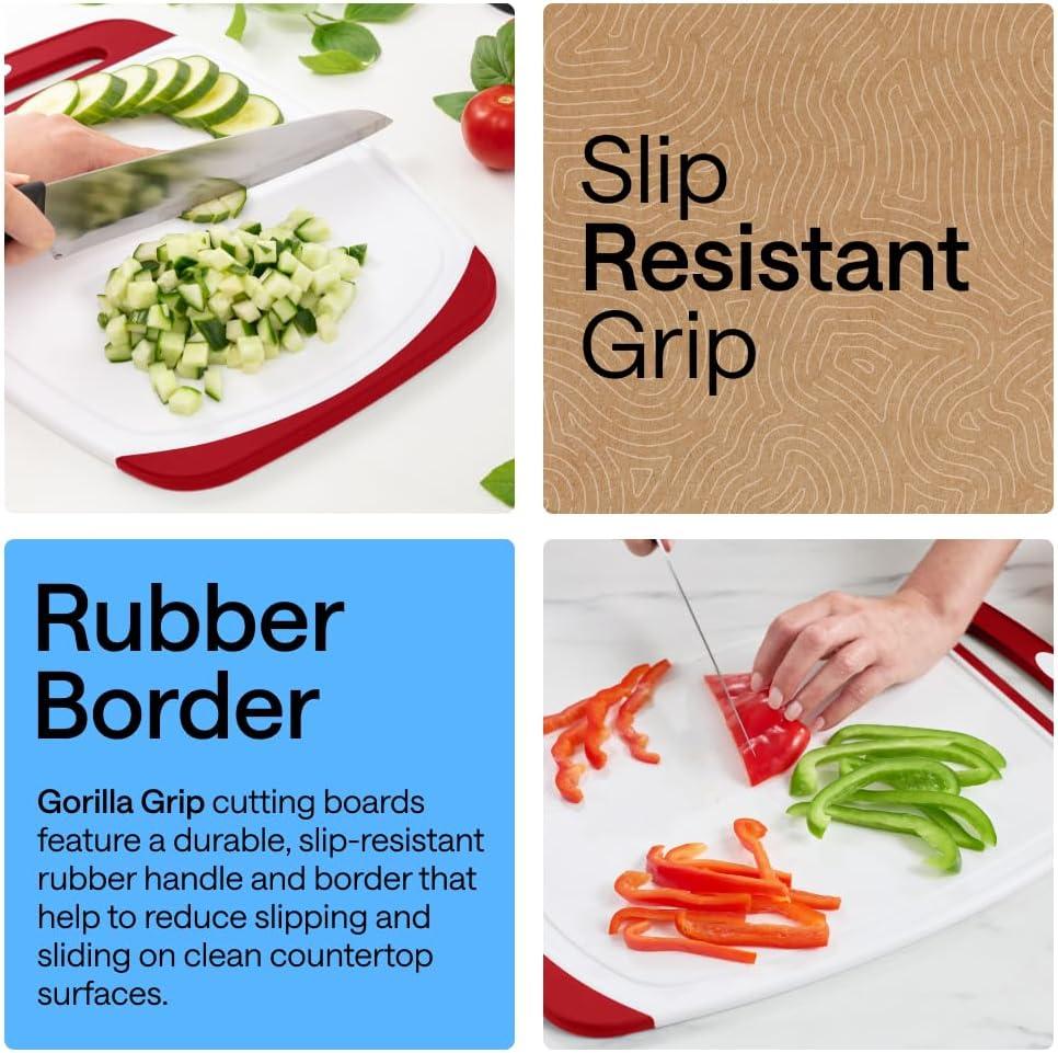 imageGORILLA GRIP BPAFree Reversible Kitchen Cutting Board Set of 3 US Designed Nonporous Juice Grooves Catch Liquid Slip Resistant Border Dishwasher Safe Durable Large Food Chopping Boards BlackRedWhite