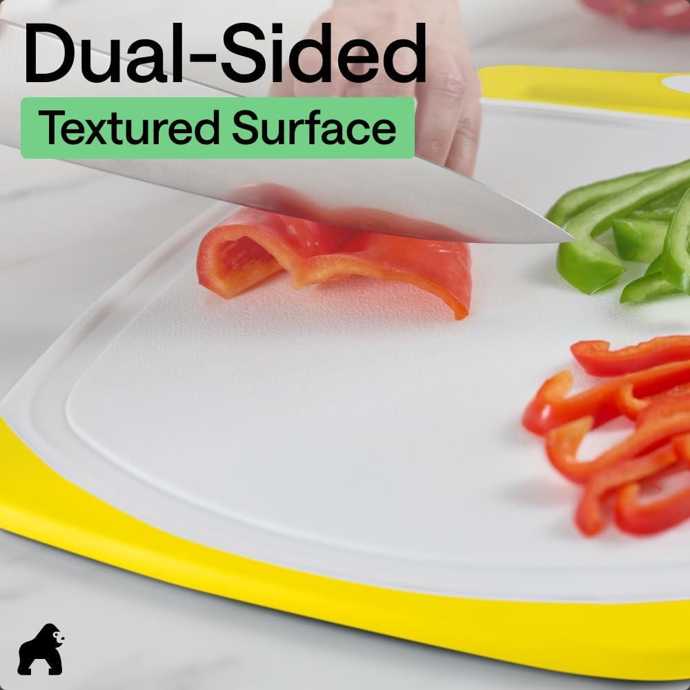imageGORILLA GRIP BPAFree Reversible Kitchen Cutting Board Set of 3 US Designed Nonporous Juice Grooves Catch Liquid Slip Resistant Border Dishwasher Safe Durable Large Food Chopping Boards BlackLemonWhite
