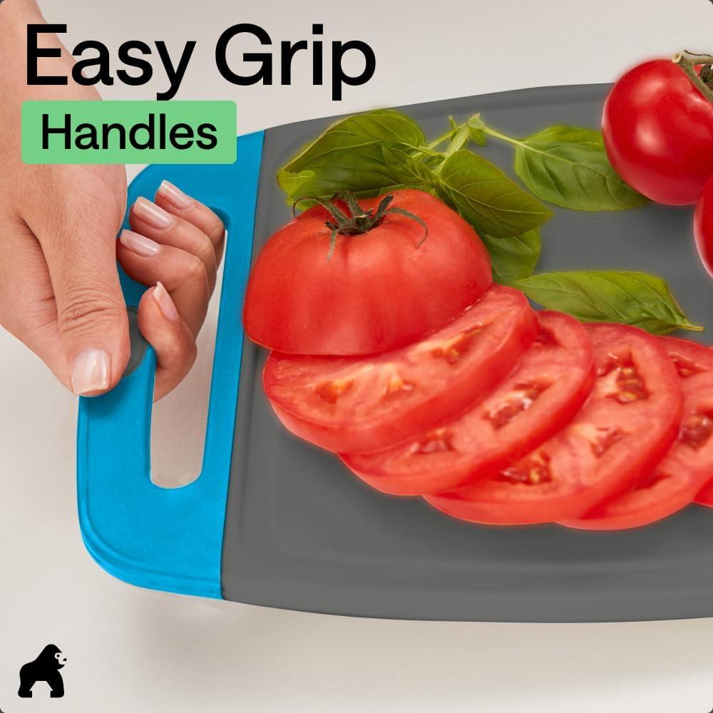 imageGORILLA GRIP BPAFree Reversible Kitchen Cutting Board Set of 3 US Designed Nonporous Juice Grooves Catch Liquid Slip Resistant Border Dishwasher Safe Durable Large Food Chopping Boards BlackGrayAqua