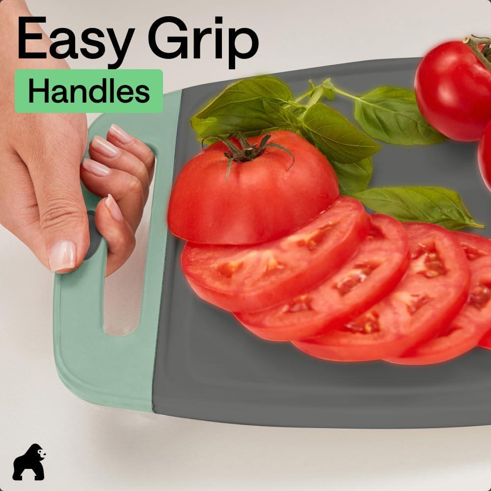 imageGORILLA GRIP BPAFree Reversible Kitchen Cutting Board Set of 3 US Designed Nonporous Juice Grooves Catch Liquid Slip Resistant Border Dishwasher Safe Durable Large Food Chopping Boards BlackGrayMint