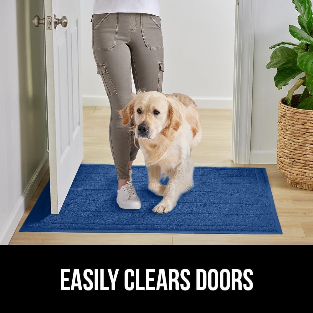 imageGORILLA GRIP Dirt Grabber Mesh Doormat LowProfile Stain and Fade Resistant Heavy Duty Quick Dry Striped Doormats Mats for Indoor or Outdoor Entry Shoe Scraper Garage Entrance Mat 47x35 Dark GrayBlue