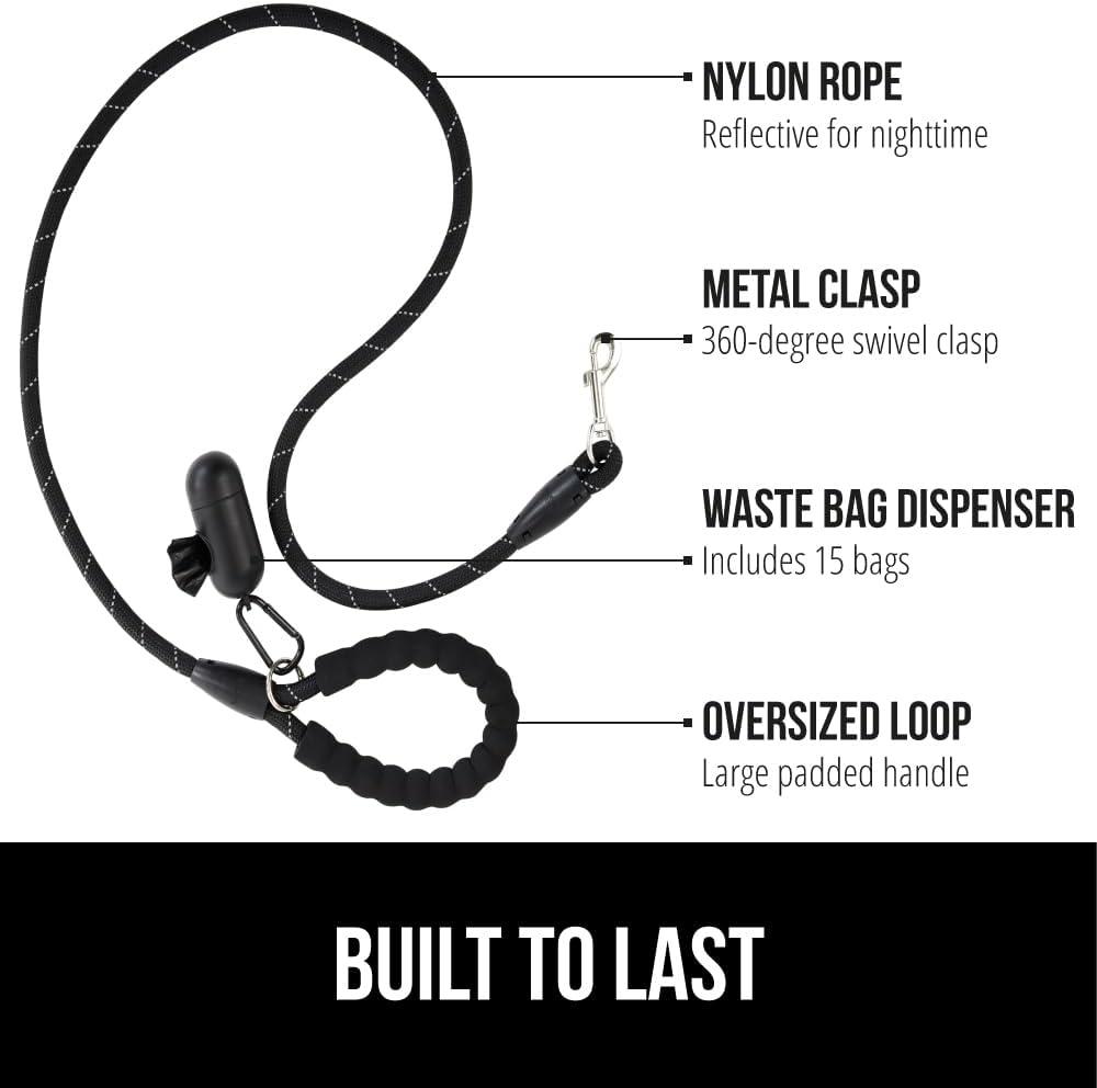 imageGORILLA GRIP Dog Leash Heavy Duty Reflective Rope Leashes for Large Medium Small Breed Dogs Puppy Training Essential for Walks Hikes Soft Handle Rotating Metal Clip Waste Bag Dispenser BlueBlack