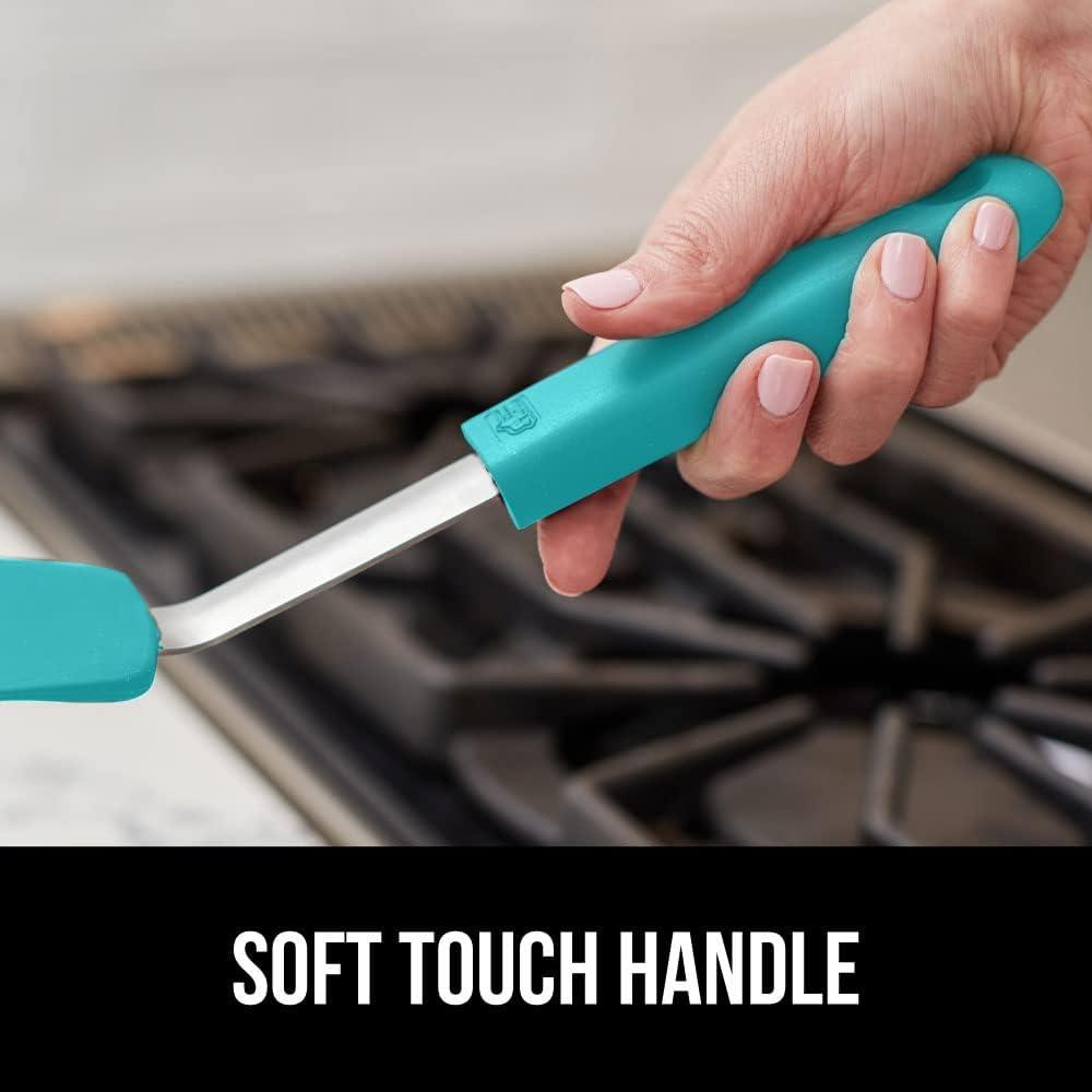 imageGORILLA GRIP Food Grade Flexible Silicone Spatula Heat Resistant Head for Nonstick Frying Pan Patented Soft Rubber Handle for Comfort NonScratch Kitchen Turner Flip Eggs Burgers 116 in BlackTurquoise