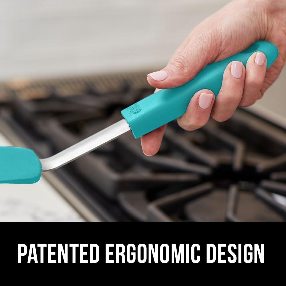 imageGORILLA GRIP Food Grade Flexible Silicone Spatula Heat Resistant Head for Nonstick Frying Pan Patented Soft Rubber Handle for Comfort NonScratch Kitchen Turner Flip Eggs Burgers 116 in BlackTurquoise
