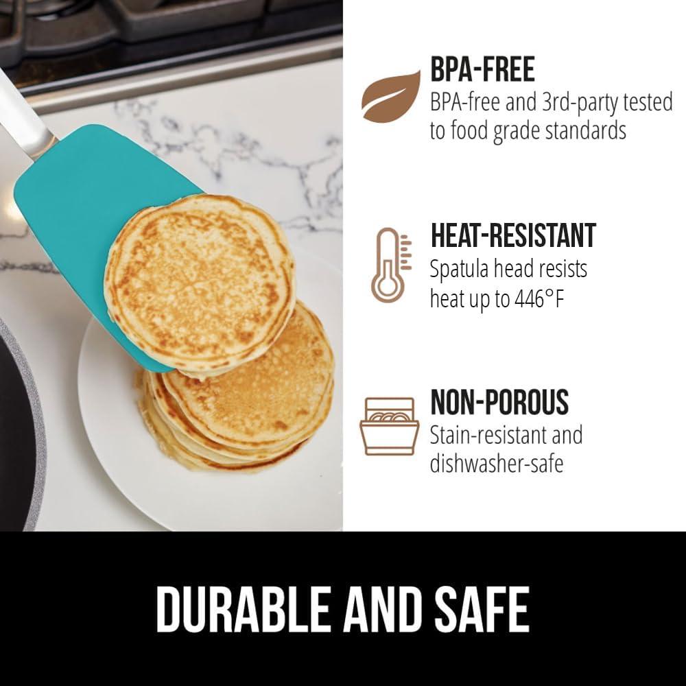imageGORILLA GRIP Food Grade Flexible Silicone Spatula Heat Resistant Head for Nonstick Frying Pan Patented Soft Rubber Handle for Comfort NonScratch Kitchen Turner Flip Eggs Burgers 116 in BlackTurquoise