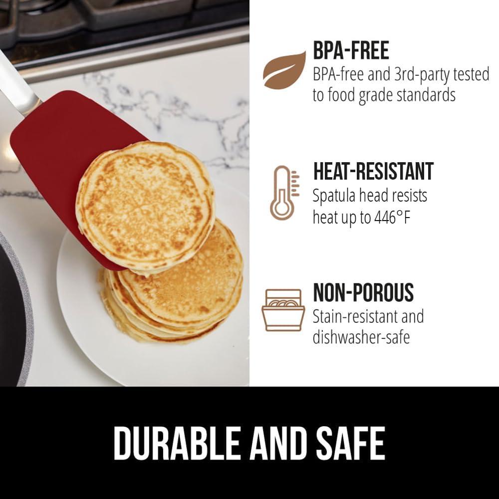 imageGORILLA GRIP Food Grade Flexible Silicone Spatula Heat Resistant Head for Nonstick Frying Pan Patented Soft Rubber Handle for Comfort NonScratch Kitchen Turner Flip Eggs Burgers 116 in BlackRed