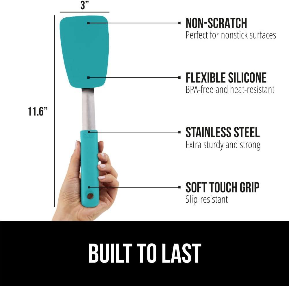 imageGORILLA GRIP Food Grade Flexible Silicone Spatula Heat Resistant Head for Nonstick Frying Pan Patented Soft Rubber Handle for Comfort NonScratch Kitchen Turner Flip Eggs Burgers 116 in BlackTurquoise