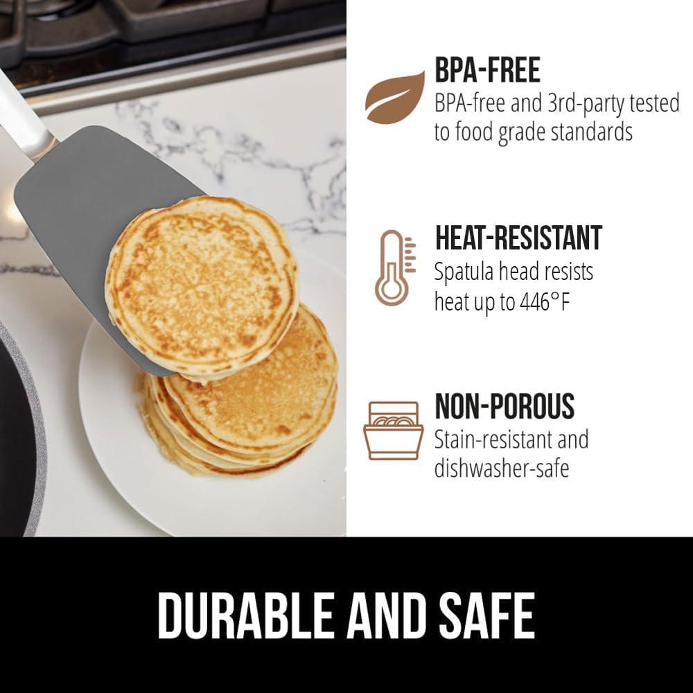 imageGORILLA GRIP Food Grade Flexible Silicone Spatula Heat Resistant Head for Nonstick Frying Pan Patented Soft Rubber Handle for Comfort NonScratch Kitchen Turner Flip Eggs Burgers 116 in BlackGray