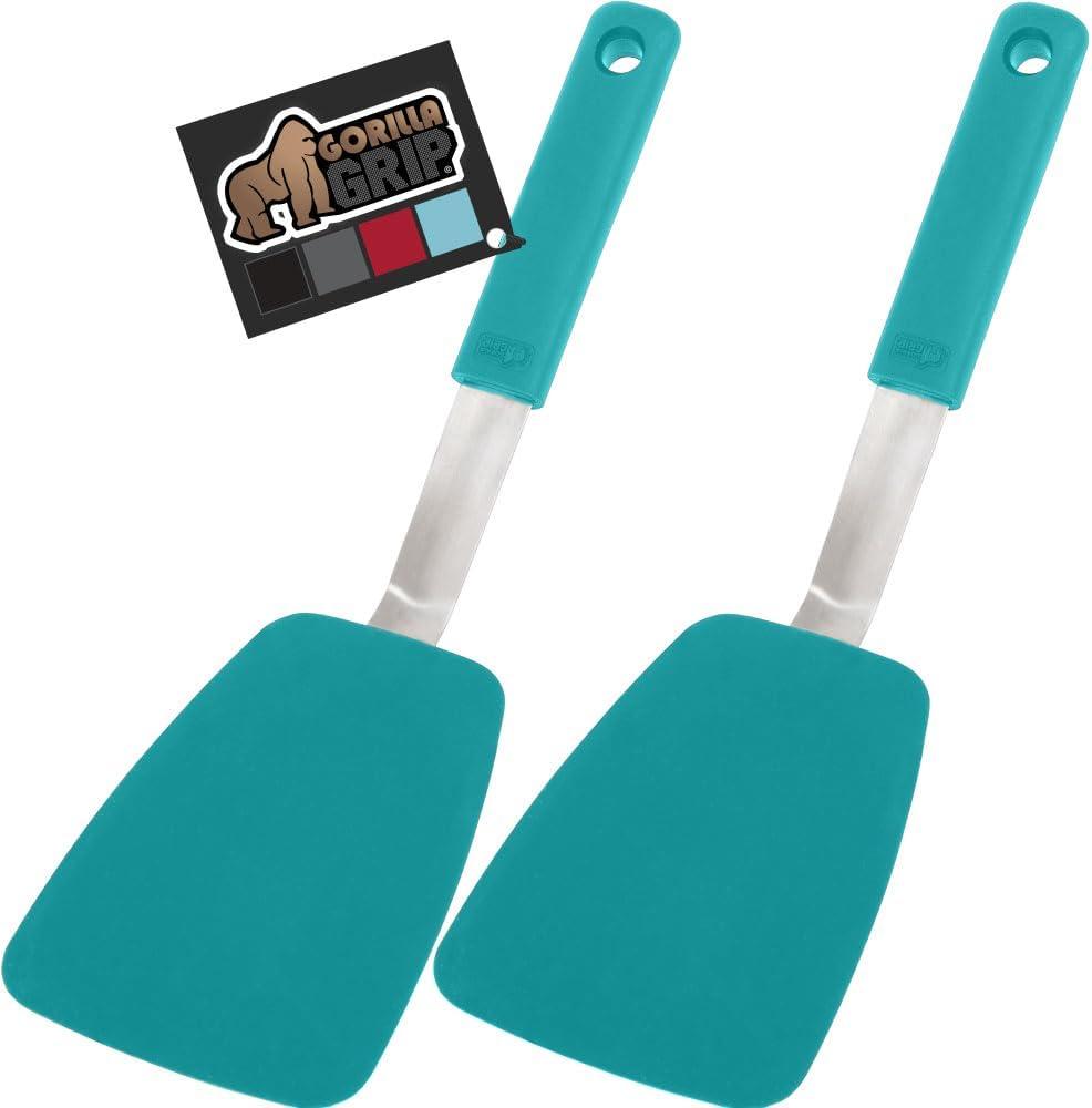 imageGORILLA GRIP Food Grade Flexible Silicone Spatula Heat Resistant Head for Nonstick Frying Pan Patented Soft Rubber Handle for Comfort NonScratch Kitchen Turner Flip Eggs Burgers 116 in BlackTurquoise