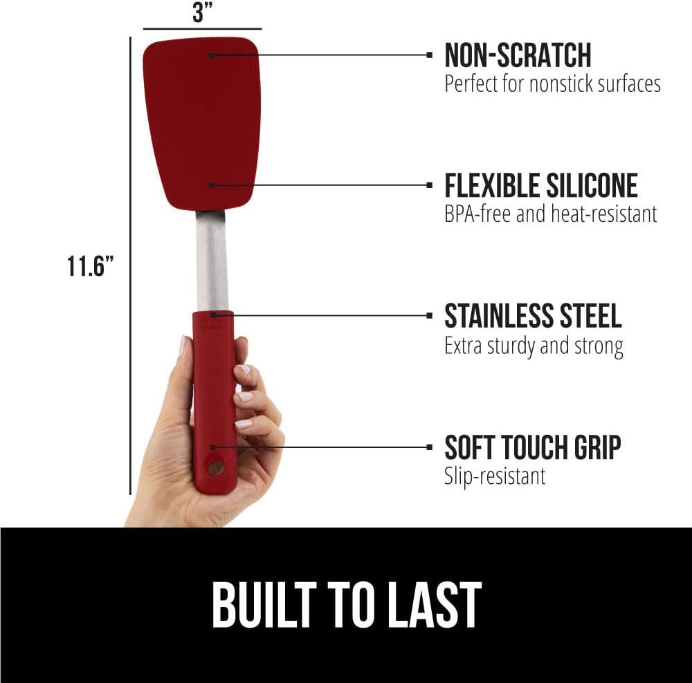 imageGORILLA GRIP Food Grade Flexible Silicone Spatula Heat Resistant Head for Nonstick Frying Pan Patented Soft Rubber Handle for Comfort NonScratch Kitchen Turner Flip Eggs Burgers 116 in BlackRed