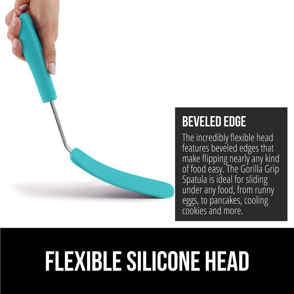 imageGORILLA GRIP Food Grade Flexible Silicone Spatula Heat Resistant Head for Nonstick Frying Pan Patented Soft Rubber Handle for Comfort NonScratch Kitchen Turner Flip Eggs Burgers 116 in BlackTurquoise